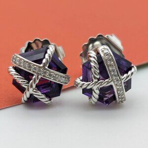 DAVID YURMAN Sterling Silver Amethyst & Diamonds Cable Wrap Vintage Earrings